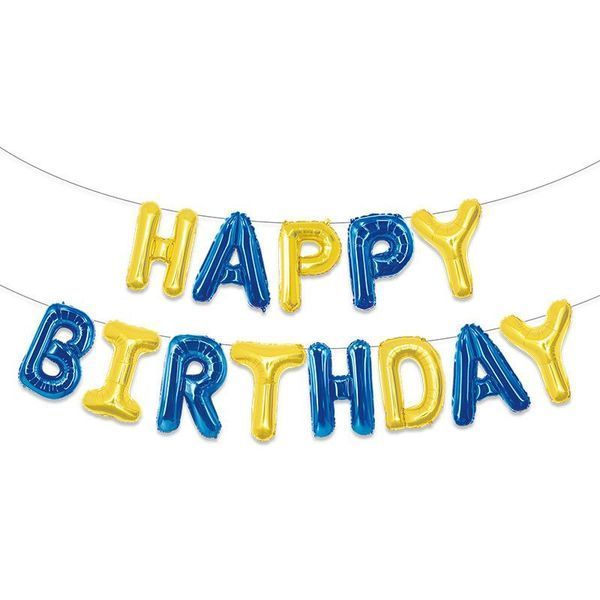 Куля фольгована напис надувний 40 см Happy Birthday Патріотичний Синій та жовтий 12514 фото