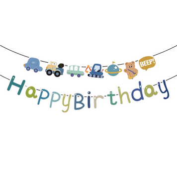 Надпись картонная 20х20 см Happy Birthday Ретро транспорт Разноцветный 12009 фото