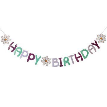 Надпись картонная 14х10 см Happy birthday Ромашки Фиолетовый и мята 2 м 09269 фото